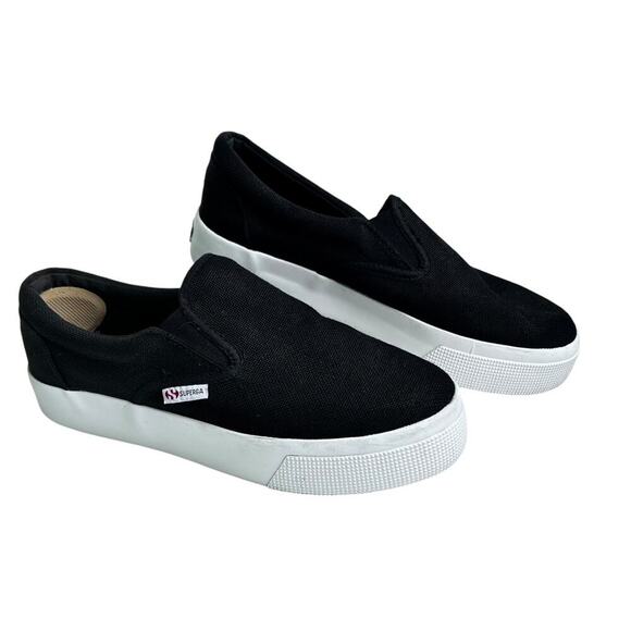 Superga Shoes - Superga Black White Womens Canvas Low Top Slip On Platform Slip On Sneaker